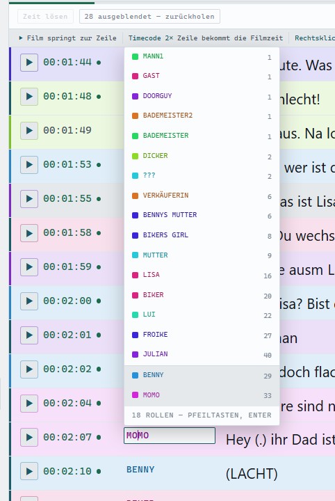 Das Rollenmenü: alle Figuren mit ihrer Farbe und Take-Zahl — die wahrscheinlichste liegt der Hand am nächsten
