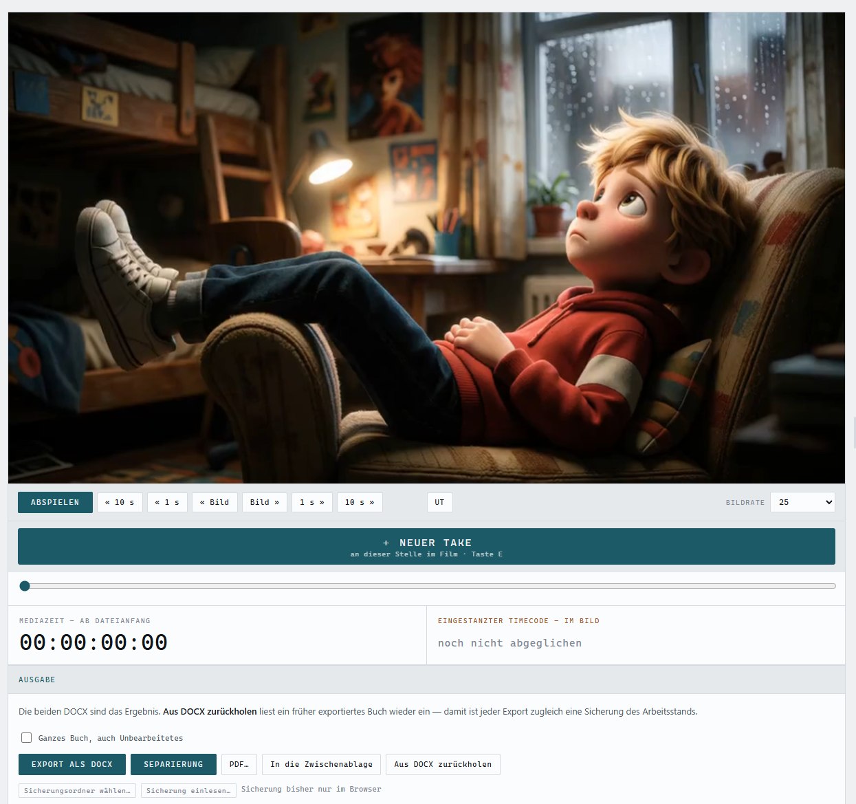 Die Filmspalte: Transport, Neuer Take an der Filmstelle, Mediazeit und eingestanzter Timecode nebeneinander